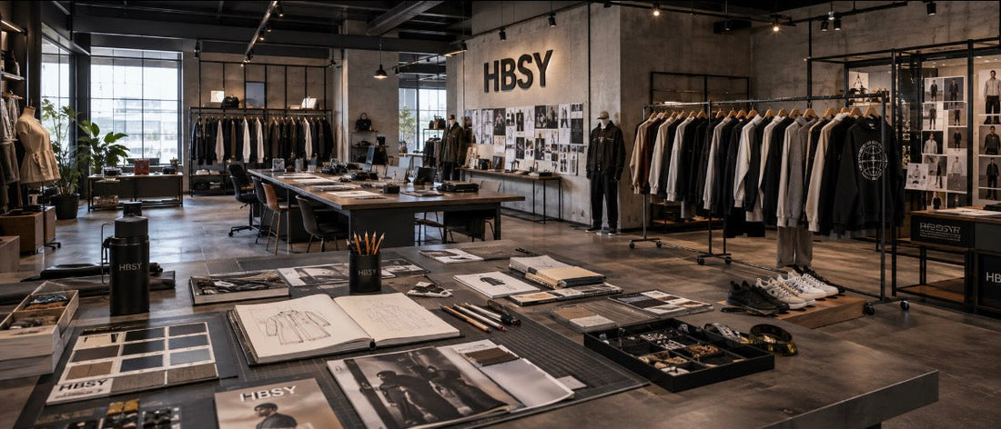 The HBSY design floor — sample racks, tech packs, fabric swatches and hardware trays
